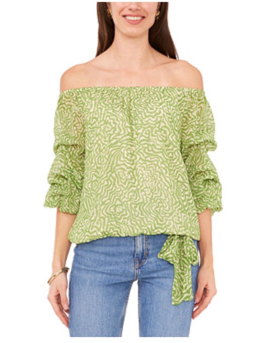 Vince Camuto Green Off-Shoulder Printed Tie-Hem Blouse